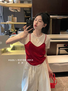 Áo Thun Tay Ngắn Lụa Băng Hai Mảnh Giả Màu Tương Phản Thiết Kế Tay Áo Vai Thường Xuyên Mùa Hè Phong Cách Hàn Quốc Dành Cho Nữ