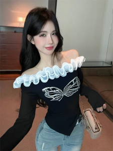 GUZILIAN | Pure Desire Sweet Spicy Red Butterfly Rhinestone One Shoulder Long Sleeve T-Shirt Autumn Winter New Hollow Out Splicing Design Top