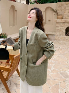 Loose Fit Korean Style Retro Casual Womens Suit Jacket in Bean Green for Autumn Season New Arrival Comfortable Feeling