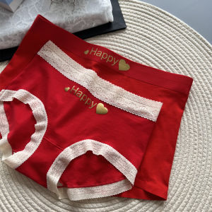 Romantic Red Cotton Underwear Set for Couples Comfortable Pure Cotton Underpants with Embossed Letters Gift Box Mixed Pack