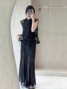 QFN | Summer Elegant Chinese Style Luxury Black Lace Mesh Dress Set