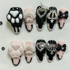 10PCS Cute Jirai Kei Short Almond Handmade Press On Nails Black Pink 3D Bow Cat Claw Y2K Fake Nails Wings Crown Glitter Nail Art