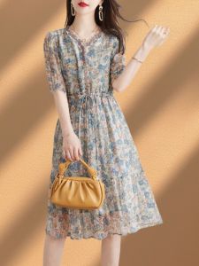 Elegant Short Sleeve Silk Dress for Women Floral Print Summer New Arrival Hangzhou High End Mommy Satin Gown Commute Style
