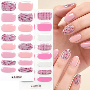 16Tips Pink Tweed Pattern Nail Stickers Semi Cured Gel Nails Wrap Oval Full Cover Adhesive Decals for Women DIY Salon Manicure