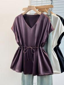Áo Sơ Mi Satin Cổ V Tay Ngắn Giảm Cân cho Nữ