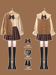 Prep School Style Childrens Outfit Girls Fashionable Spring Autumn Clothing Set Skirt Single Button Closure Plaid Pattern