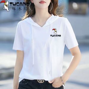 TUCANO Summer Pure Cotton Hoodie Short Sleeve Womens Fashion Versatile Thin T-shirt Trendy Commute Korean Style Print Top