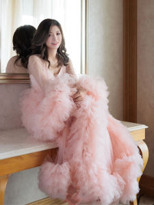 ชุดนอนผู้หญิงแขนยาวผ้าไนลอนฤดูใบไม้ผลิและฤดูร้อน ชุดนอนผ้าโปร่งสีชมพู ชุดนอนผู้หญิงแขนกุด ชุดนอนผ้าโปร่ง ชุดนอนผ้าไนลอน