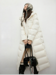 HOPESHOW | White Down 90% Duck Feather Hooded Long Coat with Letter Print and Drawstring Womens Winter New