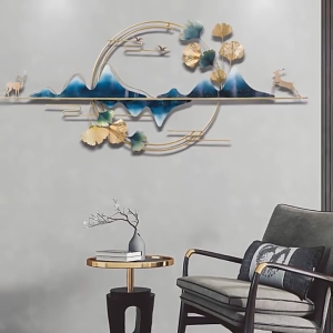 130x58cm Light Luxury Style Iron Art Wall Decoration Landscape Ginkgo Deer Art Decoration Living Room Background Wall Decoration Pendant