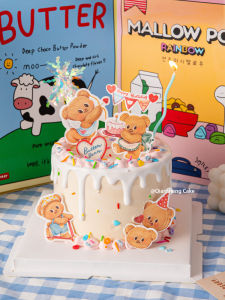 Hand-Painted Cartoon Bear Cake Decoration Plugin Blush Heart Bear Childrens Birthday Baking Label Festive Celebration Supplies