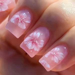 Medium fake nails for women girls gradient nude pink colors Spring summer flowers design full cover square tips press on nails