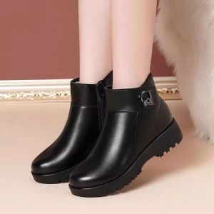 Giày Bốt Da Ngắn Mùa Đông Cho Nữ Giày Lót Lông Cừu Chống Trượt Đế Dày Ấm Áp Thời Trang Khóa Kéo Đế Cao Su