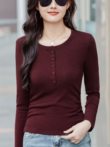 Slim Fit Long Sleeve round Neck Half Open Collar T-Shirt Button Detail Base Shirt Autumn Winter Fashionable New Style Top