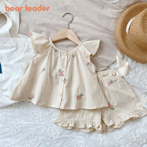 Bear Leader 2024 New Summer Baby Girls Casual Clothing Set Flower Embroidered Fly Sleeved Top+ruffled Shorts 2pcs Outfits Ternos Kids Toddler Rabbit Printing Clothes Suits