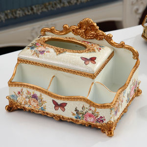 กล่องกระดาษทิชชู่สไตล์อเมริกัน กล่องใส่กระดาษทิชชู่แบบจับได้หลายชั้นสำหรับห้องนั่งเล่นหรูหราแบบยุโรป กล่องเก็บของสำหรับรับใช้