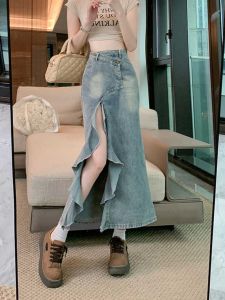 High Waist A-Line Midi Skirt with Slit Korean Style Commute Vintage Denim Half-length Womens Fashion Summer 2025 New Slimming Fish Tail Skirt