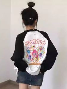 Spring Autumn Pure Cotton Long Sleeve T-Shirt for Girls Cartoon Kitty Design Shoulder Insert Kids Clothing School Uniform Style