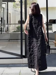 Váy Dài Không Tay Màu Đen Kiểu Pháp Cỡ Lớn Cho Nữ Mùa Hè Váy Midi Rộng Rãi Chất Liệu Polyester Trang Phục Công Sở