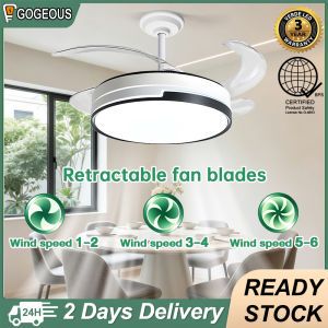 Gogeous 42inch black and white ceiling fan with light modern deisgn retractable fan blades 6-speed wind ceiling fan with lights and remote for dinning room living room