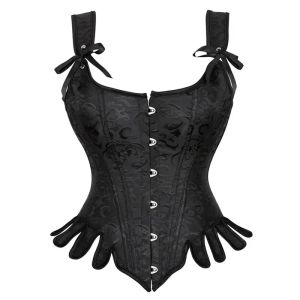 Women Vintage Corset with Shoulder Straps Black Blue Jacquard Overbust Bustier Vest Medieval Steampunk Corset Top