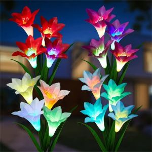 1PC Solar Powered LED Simulation Lily Flower 4-Head Colorful Outdoor Camping Courtyard Park Atmosphere Decoration Light
