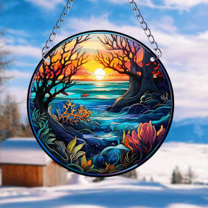 Lake and Sun Pattern Acrylic Suncatcher Home Living Room Art Decoration Window Hanging Round Wall Pendant Garden Ornament Gift