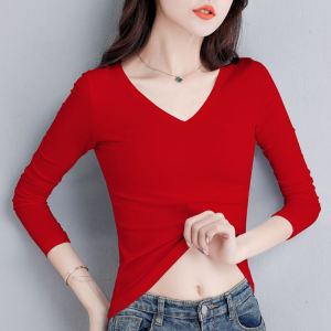 Áo Thun Cotton Cổ Chữ V Dài Tay Ôm Vừa Vặn Màu Đỏ Cho Nữ Mùa Xuân Thu Đông Thời Trang Áo Lót Áo Phông Hợp Thời Trang