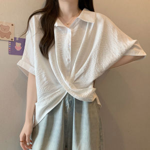 Slimming Loose Short Sleeve Shirt Women Summer plus Size Casual Korean Style Cover Belly Asymmetrical Design Fashionable Top