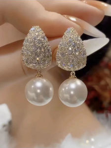 Exquisite Pearl Earrings Womens Fashion Silver Needle Flashy Full Diamond New 2025 Trendy Design Sensation Drop Earrings