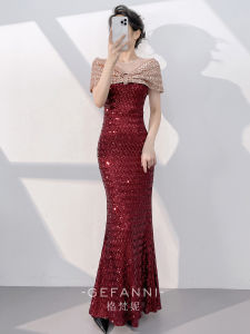 Wine Red Glitter Evening Gown Dress