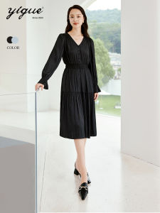 Yigue | Bubble Sleeve Flowy Dresses for Women Spring Autumn Black French V-Neck Waist Cinching Elegant