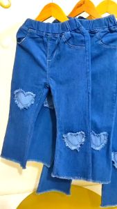 Little Luxe 3-13Y Korean Style Denim Pants for Kids Girls Frayed Heart Design Flared Jeans with Pockets