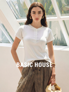 Basic House | Simple Versatile Summer Henley Collar Short Sleeve T-Shirt