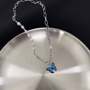 【Pharaoh🎀COD】 Jepang dan Korea jalan manis dan keren gaya jahitan mutiara kalung kupu-kupu biru desain ceruk hip-hop temperamen manik-manik rantai klavikula