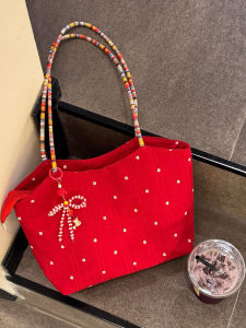 Red Polka Dot Large Capacity Tote Bag Commuter Shoulder Bag New Year Christmas Student Class Travel Bag Casual Simple Style Canvas Bag