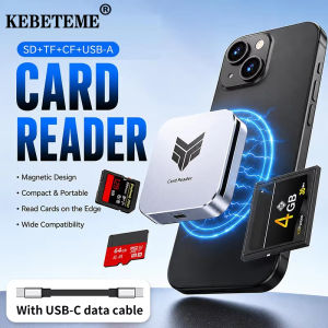 KEBETEME 4 in 1 Adsorption Card Reader USB-A USB-C Port Support SD TF CF Memory Card Aluminum Alloy Portable Multi Card Reader Adapter with USB-C Cable for Phone Camera Laptop