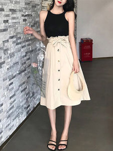 Summer Autumn Skirts Womens Midi Knee Length Korean Elegant Button High Waist Skirt Female Pleated School Skirt