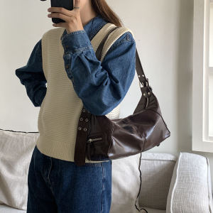 Cool Leather Motorcycle Bag Womens Underarm Crossbody Bag Commuting Autumn Winter High End Fashion Soft PU Zipper Closure