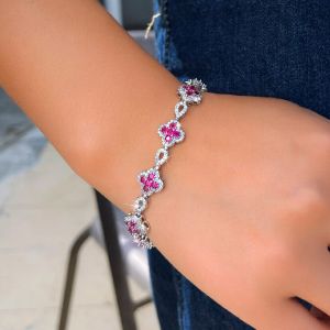 SEQUITO Temperament White Gold Plated Women Bracelet Pave Setting Red AAAAA Cubic Zirconia Flowe Shape Jewelry B403