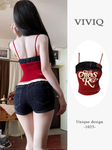 เสื้อกั๊กสีแดงย้อนยุคสไตล์อเมริกันสำหรับผู้หญิงในช่วงฤดูร้อน เสื้อครอปทรงสลิมฟิต แขนกุด ดีไซน์ตัดเย็บแบบผสมผสาน