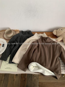 Thickened Fleece Long Sleeve Base Shirt for Girls Boys Autumn Winter Half High Collar Korean Style Warm Cotton Polyester T-shirt