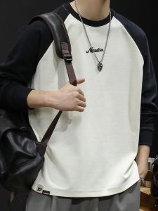 Loose Fit Long Sleeve T-Shirt Mens Trendy Brand Youthful Style Inner Wear Base Layer Color Block Cotton Polyester Blend