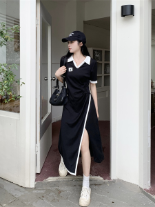 plus Size Polo Collar Dress Womens Summer Slimming Black Dress American Design Sense Pleated Waist Cinch Split Hot Girl