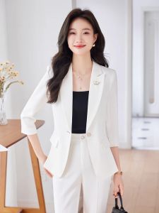 White Mid-Sleeve Womens Blazer Jacket 2025 New Summer Thin Casual Fashion High-End Feeling Professional Suit Set