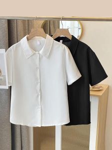 Casual Chiffon Basic Pure Color White Shirt Summer Commute Simple Short Sleeve Top Womens Loose Fit Sweet Style College Gradient Pattern