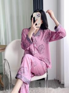 New Chinese Style Purple Ice Silk Sleepwear Womens Spring Summer Fashion High End Thin Long Sleeve Home Clothes 2025 New