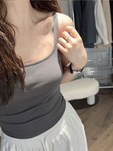 2024 Summer Thread Detail Square Collar Womens Camisole Vest Inner Wear with Chest Pad Slimming Outerwear Top