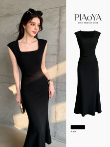 PIAOYA | Sleeveless Square Neck Wrinkle A-Line Waist Cinched Black Dress