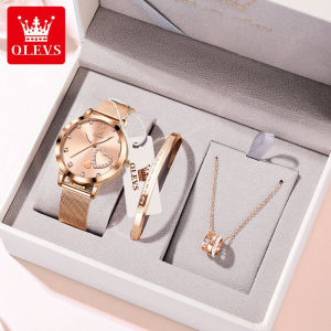 OLEVS Womens Watch Waterproof Original Brand Korean Elegant Diamond Stainless Steel Strap Quartz Set (Necklace + Bracelet)